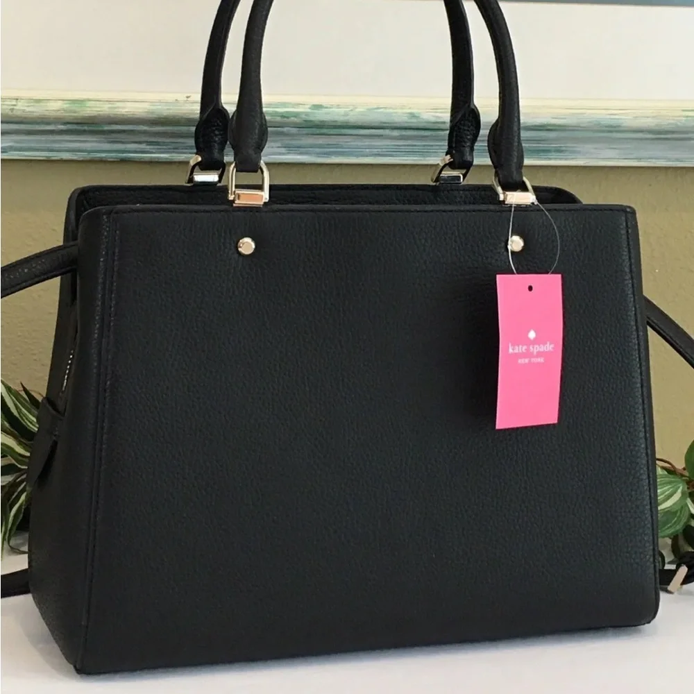KATE SPADE LEILA MEDIUM TRIPLE COMPARTMENT SATCHEL SHOULDER BAG BLACK LEATHER - Picture 12 of 14